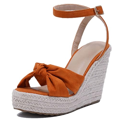 Gicoiz Damen Sommer Mode Espadrille Plateau Schnalle Keilabsatz Sandals Peep Toe Strand Komfort Knöchelriemchen Schnalle Höhe Ferse Bogen Orange Gr 32 EU von Gicoiz