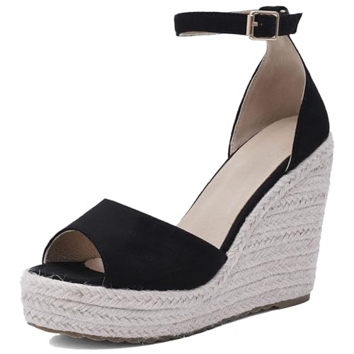 Gicoiz Damen Sommer Mode Espadrille Plateau Schnalle Keilabsatz Sandals Peep Toe Strand Komfort Knöchelriemchen Schnalle Höhe Ferse Bogen Schwarz Gr 39 EU-40Cn von Gicoiz