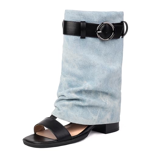 Gicoiz Damen Sommer Mode Offene Zeh Blockabsatz Stiefel Leisure Equestrian Ohne Verschluss Schnalle Gladiator Romisch Halbschaft Stiefeletten Light-Blau Gr 45 EU-47Cn von Gicoiz