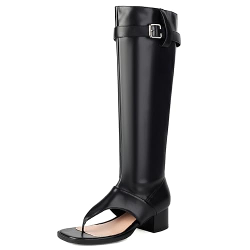 Gicoiz Damen Sommer Mode Offene Zeh Blockabsatz Stiefel Leisure Equestrian Ohne Verschluss Schnalle Gladiator Romisch Halbschaft Stiefeletten Schwarz Gr 36 EU von Gicoiz