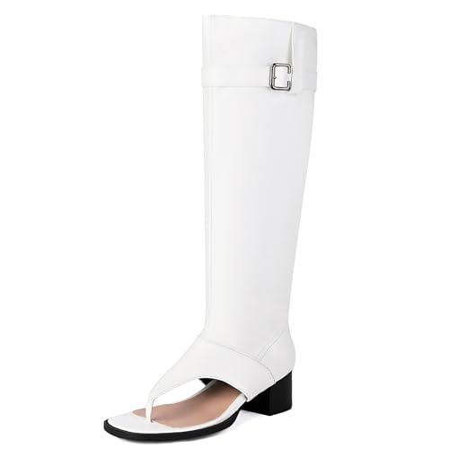 Gicoiz Damen Sommer Mode Offene Zeh Blockabsatz Stiefel Leisure Equestrian Ohne Verschluss Schnalle Gladiator Romisch Halbschaft Stiefeletten Weiß Gr 40 EU-41Cn von Gicoiz