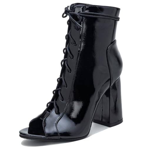 Gicoiz Damen Sommer Mode Peep Toe Schnüren Stiefeletten Hochzeit Hohen Blockabsatz Strappy Gladiator Mesh Biker Stiefeletten Elegant Schwarz Gr 41 EU-43Cn von Gicoiz