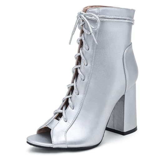 Gicoiz Damen Sommer Mode Peep Toe Schnüren Stiefeletten Hochzeit Hohen Blockabsatz Strappy Gladiator Mesh Biker Stiefeletten Elegant Silber Gr 35 EU von Gicoiz