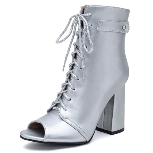 Gicoiz Damen Sommer Mode Peep Toe Schnüren Stiefeletten Hochzeit Hohen Blockabsatz Strappy Gladiator Mesh Biker Stiefeletten Elegant Silber Gr 35 EU von Gicoiz