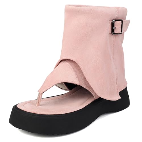 Gicoiz Damen Sommer Mode Plateau Keilabsatz Stiefeletten Ohne Verschluss Damen Schuluniform Komfort Schnalle Reitstiefel Leisure Pink Gr 41 EU-43Cn von Gicoiz