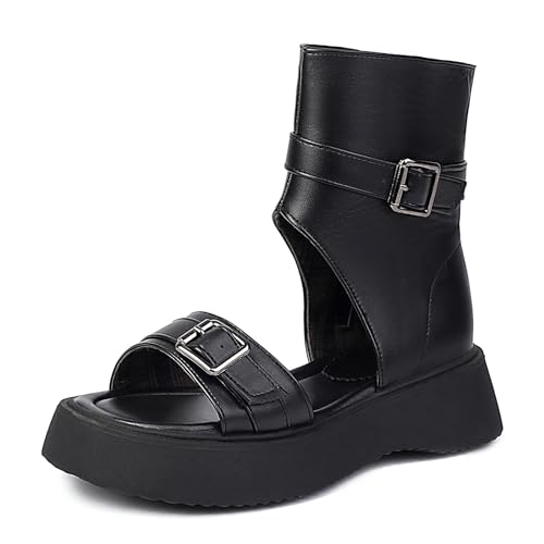 Gicoiz Damen Sommer Mode Plateau Keilabsatz Stiefeletten Ohne Verschluss Damen Schuluniform Komfort Schnalle Reitstiefel Leisure Schwarz Gr 40 EU-41Cn von Gicoiz