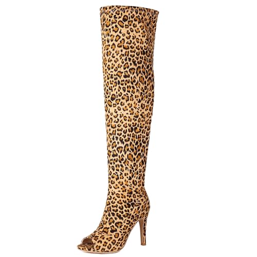 Gicoiz Damen Sommer Mode Stiletto Stretch Stiefel Peep Toe Party Elegant Halbschaft Höhe Ferse Abend Knee High Ohne Verschluss Overknees Booty Braun Gr 41 EU-43Cn von Gicoiz