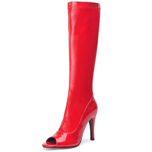 Gicoiz Damen Sommer Mode Stiletto Stretch Stiefel Peep Toe Party Elegant Halbschaft Höhe Ferse Abend Knee High Ohne Verschluss Overknees Booty Rot Gr 37 EU-38Cn von Gicoiz