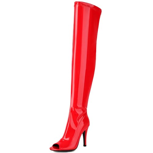 Gicoiz Damen Sommer Mode Stiletto Stretch Stiefel Peep Toe Party Elegant Halbschaft Höhe Ferse Abend Knee High Ohne Verschluss Overknees Booty Rot Gr 38 EU-39Cn von Gicoiz