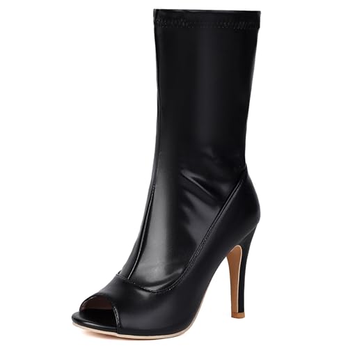 Gicoiz Damen Sommer Mode Stiletto Stretch Stiefel Peep Toe Party Elegant Halbschaft Höhe Ferse Abend Knee High Ohne Verschluss Overknees Booty Schwarz Gr 36.5 EU-37Cn von Gicoiz