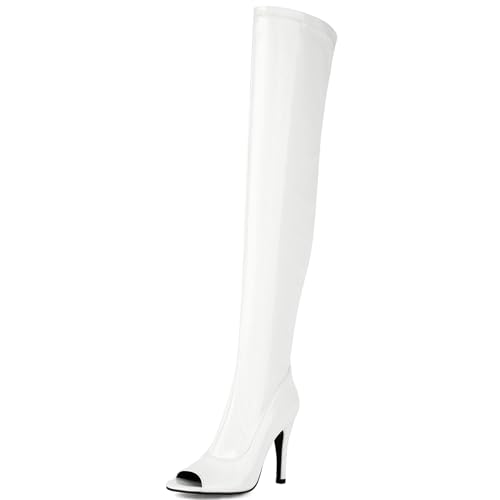 Gicoiz Damen Sommer Mode Stiletto Stretch Stiefel Peep Toe Party Elegant Halbschaft Höhe Ferse Abend Knee High Ohne Verschluss Overknees Booty Weiß Gr 36 EU von Gicoiz
