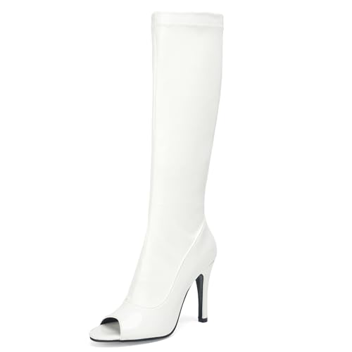 Gicoiz Damen Sommer Mode Stiletto Stretch Stiefel Peep Toe Party Elegant Halbschaft Höhe Ferse Abend Knee High Ohne Verschluss Overknees Booty Weiß Gr 36.5 EU-37Cn von Gicoiz