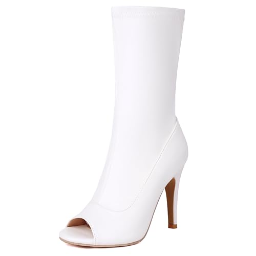 Gicoiz Damen Sommer Mode Stiletto Stretch Stiefel Peep Toe Party Elegant Halbschaft Höhe Ferse Abend Knee High Ohne Verschluss Overknees Booty Weiß Gr 41 EU-43Cn von Gicoiz