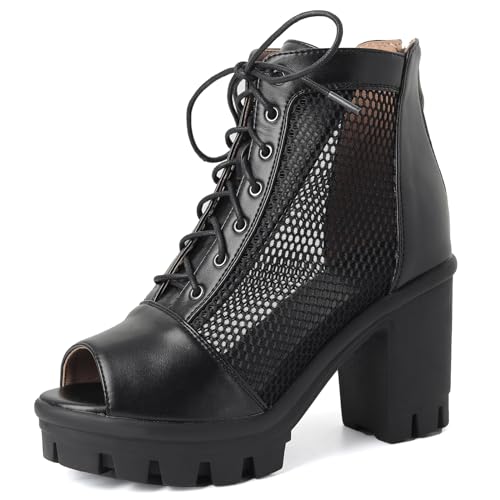 Gicoiz Damen Sommer Peep Toe Mode Chunky Plateau Romisch Stiefel Schnüren Combat Ankle Stiefeletten Pailletten Mesh Sandalen Schwarz Gr 40 EU-41Cn von Gicoiz