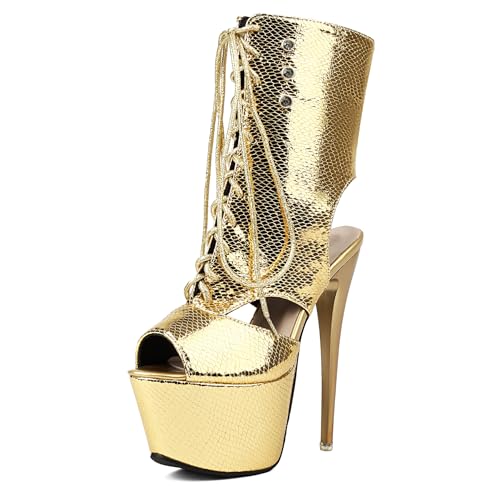 Gicoiz Damen Sommer Peep Toe Schnüren Slingback Stiletto Kurzschaft Stiefel Party Höhe Ferse Mode Plateau Foral Biker Stiefeletten Zip Gold Gr 39 EU-40Cn von Gicoiz