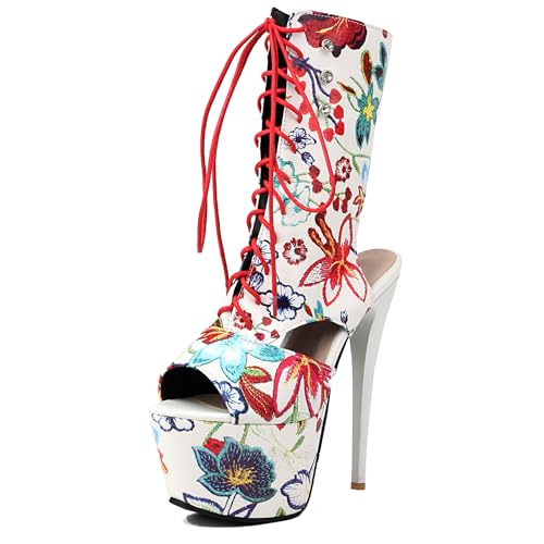 Gicoiz Damen Sommer Peep Toe Schnüren Slingback Stiletto Kurzschaft Stiefel Party Höhe Ferse Mode Plateau Foral Biker Stiefeletten Zip Rot Gr 43 EU-45Cn von Gicoiz