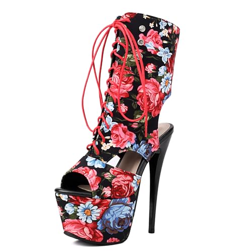 Gicoiz Damen Sommer Peep Toe Schnüren Slingback Stiletto Kurzschaft Stiefel Party Höhe Ferse Mode Plateau Foral Biker Stiefeletten Zip Schwarz Gr 40 EU-41Cn von Gicoiz