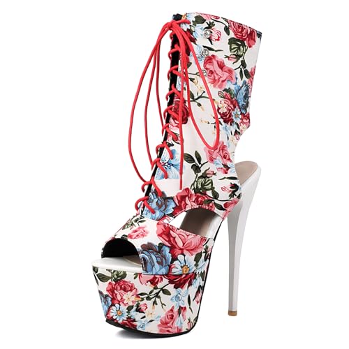 Gicoiz Damen Sommer Peep Toe Schnüren Slingback Stiletto Kurzschaft Stiefel Party Höhe Ferse Mode Plateau Foral Biker Stiefeletten Zip Weiß Gr 44 EU-46Cn von Gicoiz