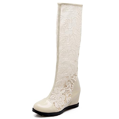 Gicoiz Damen Sommer Runde Zehen Keilabsatz Knee High Mesh Stiefel Zip Hochzeit Komfort Lack Riding Booty Spitze Beige Gr 39 EU-40Cn von Gicoiz