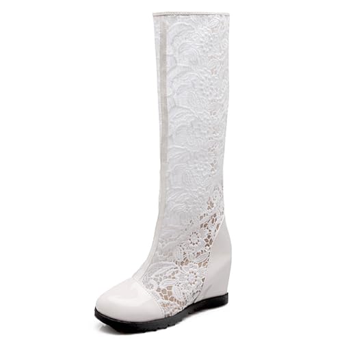 Gicoiz Damen Sommer Runde Zehen Keilabsatz Knee High Mesh Stiefel Zip Hochzeit Komfort Lack Riding Booty Spitze Weiß Gr 35 EU von Gicoiz