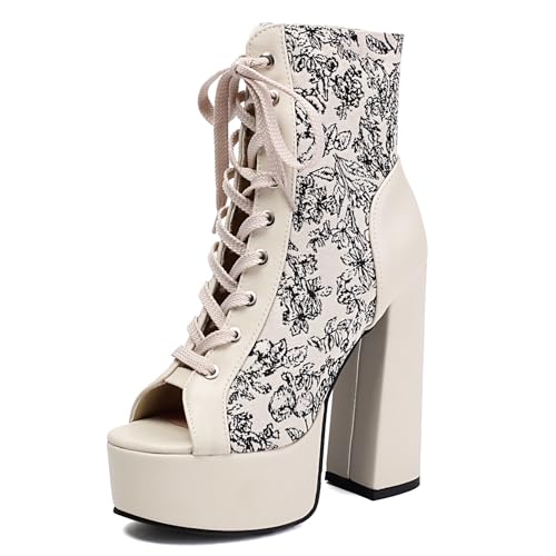 Gicoiz Damen Sommer Schnüren Elegant Peep Toe Plateau Stiefel Mode Chunky Höhe Ferse Hochzeit Blumen Biker Ankle Stiefeletten Mesh Beige Gr 36 EU von Gicoiz