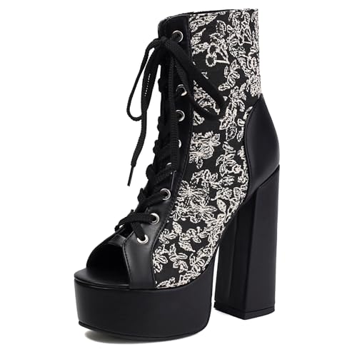 Gicoiz Damen Sommer Schnüren Elegant Peep Toe Plateau Stiefel Mode Chunky Höhe Ferse Hochzeit Blumen Biker Ankle Stiefeletten Mesh Schwarz Gr 35 EU von Gicoiz