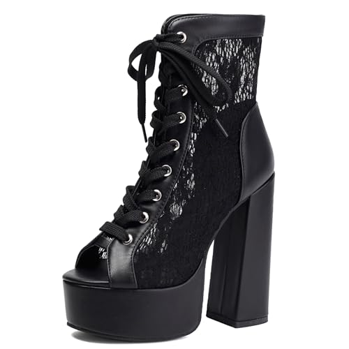 Gicoiz Damen Sommer Schnüren Elegant Peep Toe Plateau Stiefel Mode Chunky Höhe Ferse Hochzeit Blumen Biker Ankle Stiefeletten Mesh Schwarz Gr 35 EU von Gicoiz