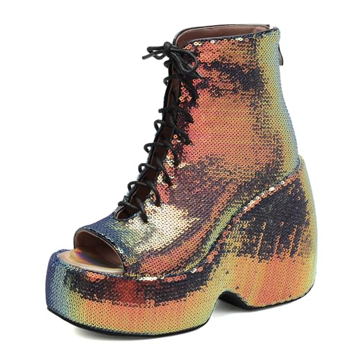 Gicoiz Damen Sommer Schnüren Mode Glitzer Keilabsatz Plateau Stiefel Hochzeit Höhe Ferse Peep Toe Party Slingback Ankle Stiefeletten Zip Mehrfarbig Gr 33 EU von Gicoiz