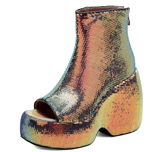 Gicoiz Damen Sommer Schnüren Mode Glitzer Keilabsatz Plateau Stiefel Hochzeit Höhe Ferse Peep Toe Party Slingback Ankle Stiefeletten Zip Mehrfarbig Gr 33 EU von Gicoiz