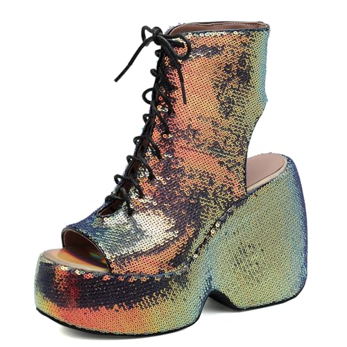 Gicoiz Damen Sommer Schnüren Mode Glitzer Keilabsatz Plateau Stiefel Hochzeit Höhe Ferse Peep Toe Party Slingback Ankle Stiefeletten Zip Mehrfarbig Gr 35 EU von Gicoiz