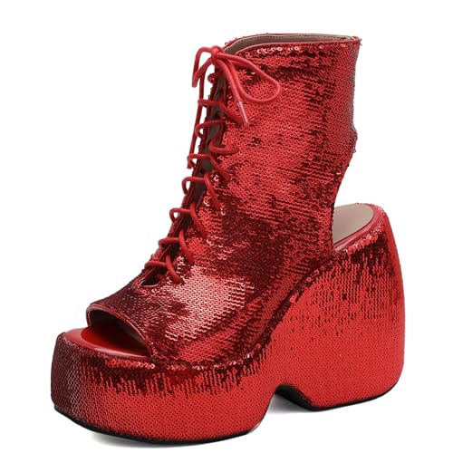 Gicoiz Damen Sommer Schnüren Mode Glitzer Keilabsatz Plateau Stiefel Hochzeit Höhe Ferse Peep Toe Party Slingback Ankle Stiefeletten Zip Rot Gr 34 EU von Gicoiz