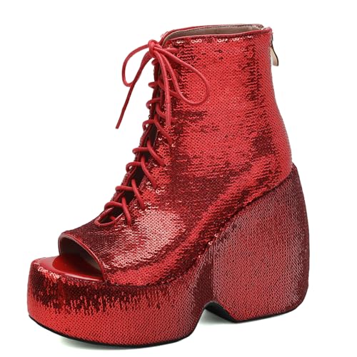 Gicoiz Damen Sommer Schnüren Mode Glitzer Keilabsatz Plateau Stiefel Hochzeit Höhe Ferse Peep Toe Party Slingback Ankle Stiefeletten Zip Rot Gr 36.5 EU-37Cn von Gicoiz