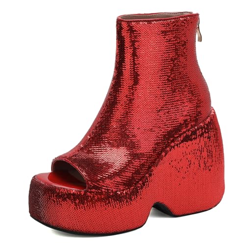 Gicoiz Damen Sommer Schnüren Mode Glitzer Keilabsatz Plateau Stiefel Hochzeit Höhe Ferse Peep Toe Party Slingback Ankle Stiefeletten Zip Rot Gr 38 EU-39Cn von Gicoiz