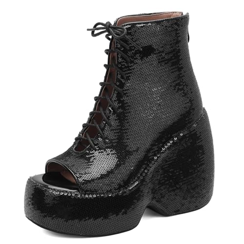 Gicoiz Damen Sommer Schnüren Mode Glitzer Keilabsatz Plateau Stiefel Hochzeit Höhe Ferse Peep Toe Party Slingback Ankle Stiefeletten Zip Schwarz Gr 36.5 EU-37Cn von Gicoiz