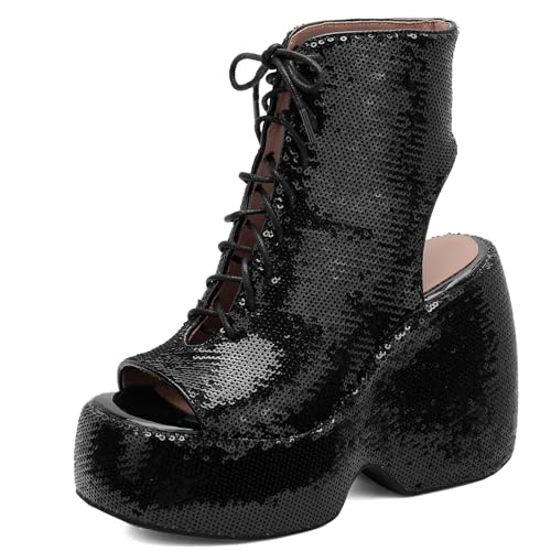 Gicoiz Damen Sommer Schnüren Mode Glitzer Keilabsatz Plateau Stiefel Hochzeit Höhe Ferse Peep Toe Party Slingback Ankle Stiefeletten Zip Schwarz Gr 40.5 EU-42Cn von Gicoiz