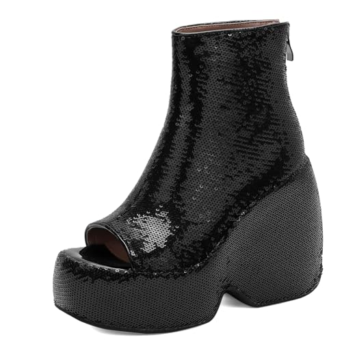 Gicoiz Damen Sommer Schnüren Mode Glitzer Keilabsatz Plateau Stiefel Hochzeit Höhe Ferse Peep Toe Party Slingback Ankle Stiefeletten Zip Schwarz Gr 41 EU-43Cn von Gicoiz