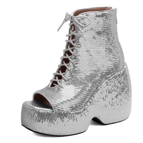 Gicoiz Damen Sommer Schnüren Mode Glitzer Keilabsatz Plateau Stiefel Hochzeit Höhe Ferse Peep Toe Party Slingback Ankle Stiefeletten Zip Silber Gr 40 EU-41Cn von Gicoiz