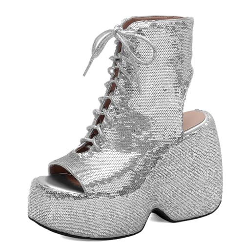 Gicoiz Damen Sommer Schnüren Mode Glitzer Keilabsatz Plateau Stiefel Hochzeit Höhe Ferse Peep Toe Party Slingback Ankle Stiefeletten Zip Silber Gr 40 EU-41Cn von Gicoiz