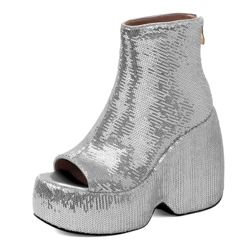 Gicoiz Damen Sommer Schnüren Mode Glitzer Keilabsatz Plateau Stiefel Hochzeit Höhe Ferse Peep Toe Party Slingback Ankle Stiefeletten Zip Silber Gr 40.5 EU-42Cn von Gicoiz