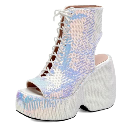 Gicoiz Damen Sommer Schnüren Mode Glitzer Keilabsatz Plateau Stiefel Hochzeit Höhe Ferse Peep Toe Party Slingback Ankle Stiefeletten Zip Weiß Gr 34 EU von Gicoiz