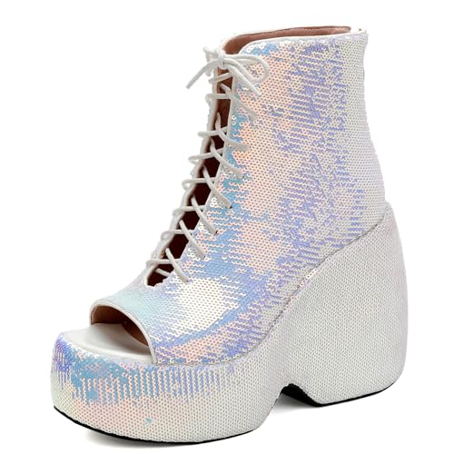Gicoiz Damen Sommer Schnüren Mode Glitzer Keilabsatz Plateau Stiefel Hochzeit Höhe Ferse Peep Toe Party Slingback Ankle Stiefeletten Zip Weiß Gr 37 EU-38Cn von Gicoiz