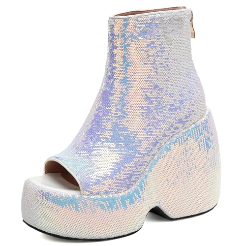 Gicoiz Damen Sommer Schnüren Mode Glitzer Keilabsatz Plateau Stiefel Hochzeit Höhe Ferse Peep Toe Party Slingback Ankle Stiefeletten Zip Weiß Gr 40.5 EU-42Cn von Gicoiz