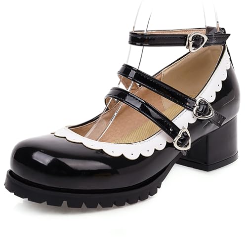 Gicoiz Damen Sommer Schuluniform Mary Jane Lack Pumps Runde Zehen Komfort Mitte Blockabsatz Knöchelriemchen Schnalle Schuhe Schwarz Gr 32 EU von Gicoiz