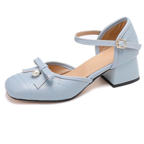 Gicoiz Damen Sommer Square Toe Mitte Blockabsatz Sandals mit Bogen Bride Hochzeit Knöchelriemchen Komfort Weit Fit Party Geschlossen Blau Gr 34 EU von Gicoiz