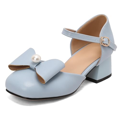 Gicoiz Damen Sommer Square Toe Mitte Blockabsatz Sandals mit Bogen Bride Hochzeit Knöchelriemchen Komfort Weit Fit Party Geschlossen Blau Gr 36.5 EU-37Cn von Gicoiz
