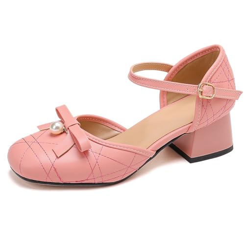 Gicoiz Damen Sommer Square Toe Mitte Blockabsatz Sandals mit Bogen Bride Hochzeit Knöchelriemchen Komfort Weit Fit Party Geschlossen Pink Gr 36.5 EU-37Cn von Gicoiz