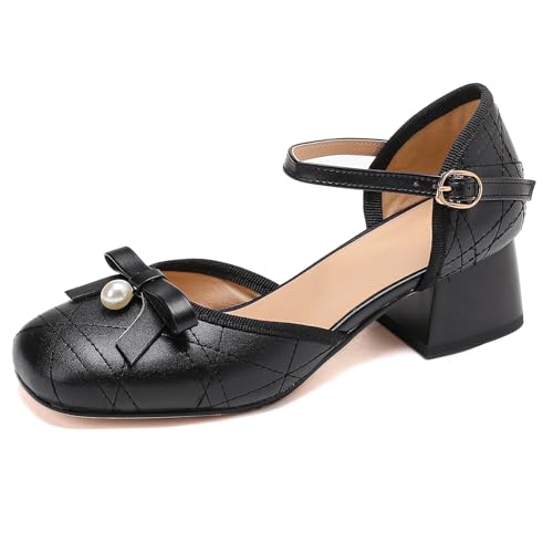 Gicoiz Damen Sommer Square Toe Mitte Blockabsatz Sandals mit Bogen Bride Hochzeit Knöchelriemchen Komfort Weit Fit Party Geschlossen Schwarz Gr 35 EU von Gicoiz
