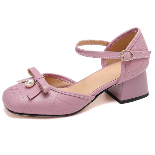 Gicoiz Damen Sommer Square Toe Mitte Blockabsatz Sandals mit Bogen Bride Hochzeit Knöchelriemchen Komfort Weit Fit Party Geschlossen Violett Gr 40.5 EU-42Cn von Gicoiz
