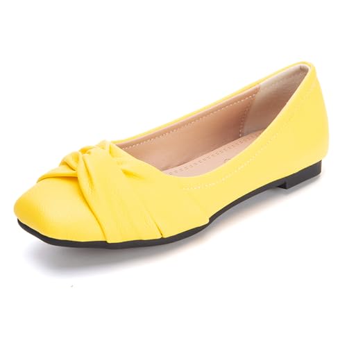 Gicoiz Damen Square Toe Ballet Flach Schuhe Foldable Ballerina Dolly Schuhe Foldable Ohne Verschluss Arbeit Loafer Leisure Pantoffeln Bogen Gelb Gr 40.5 EU-42Cn von Gicoiz