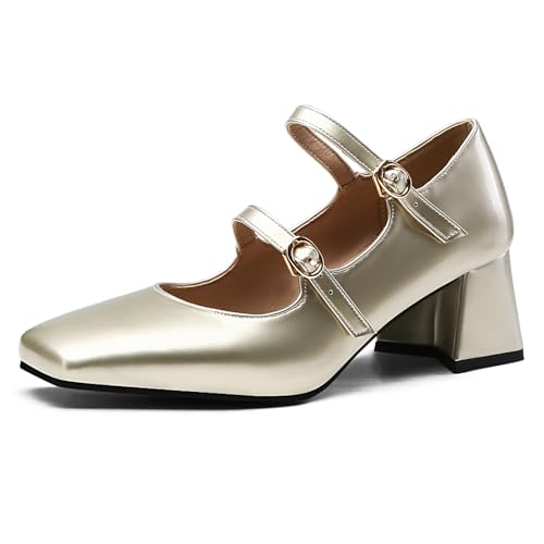 Gicoiz Damen Square Toe Mode Mary Jane Lack Hochzeit Schuhe Slingback Elegant Blockabsatz Schuhe Party Knöchelriemchen Pump Weit Fit Gold Gr 33 EU von Gicoiz